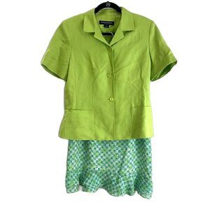 Rena Rowan 2 Piece Skirt Suit Floral Skirt Solid Jacket Lime Green Size 10